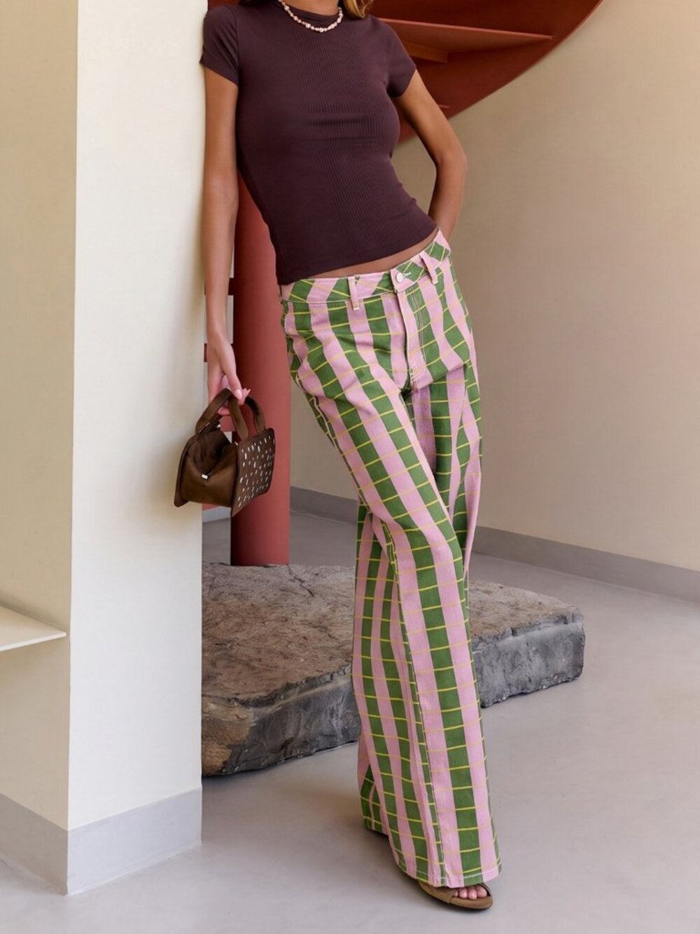 Pink & Green Striped Wide Leg Casual Pants
